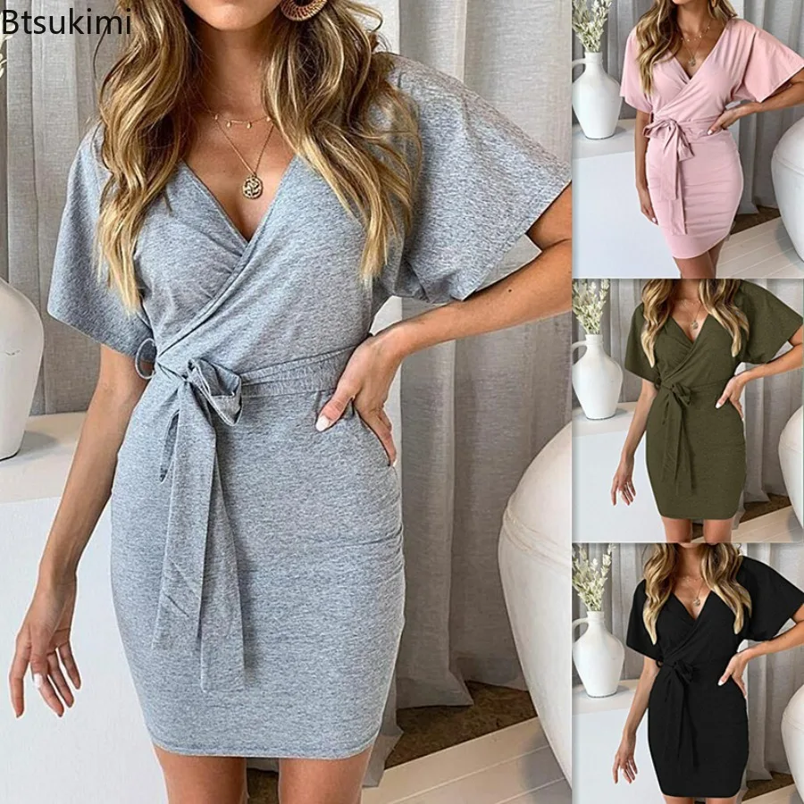

2024 Women's Summer Sexy Dress Solid Backless Lace Up Bandage Short Sleeve Elegant Dress Female Casual Fashion Ladies Clothes