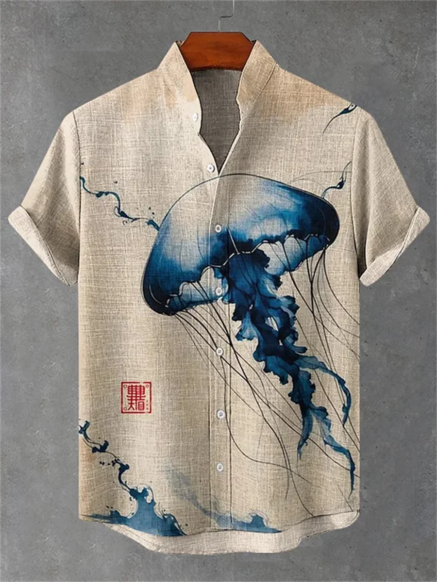 Short Sleeves Hawaiian Shirt Ultimate Breezy Octopus-Print Linen-Like 5