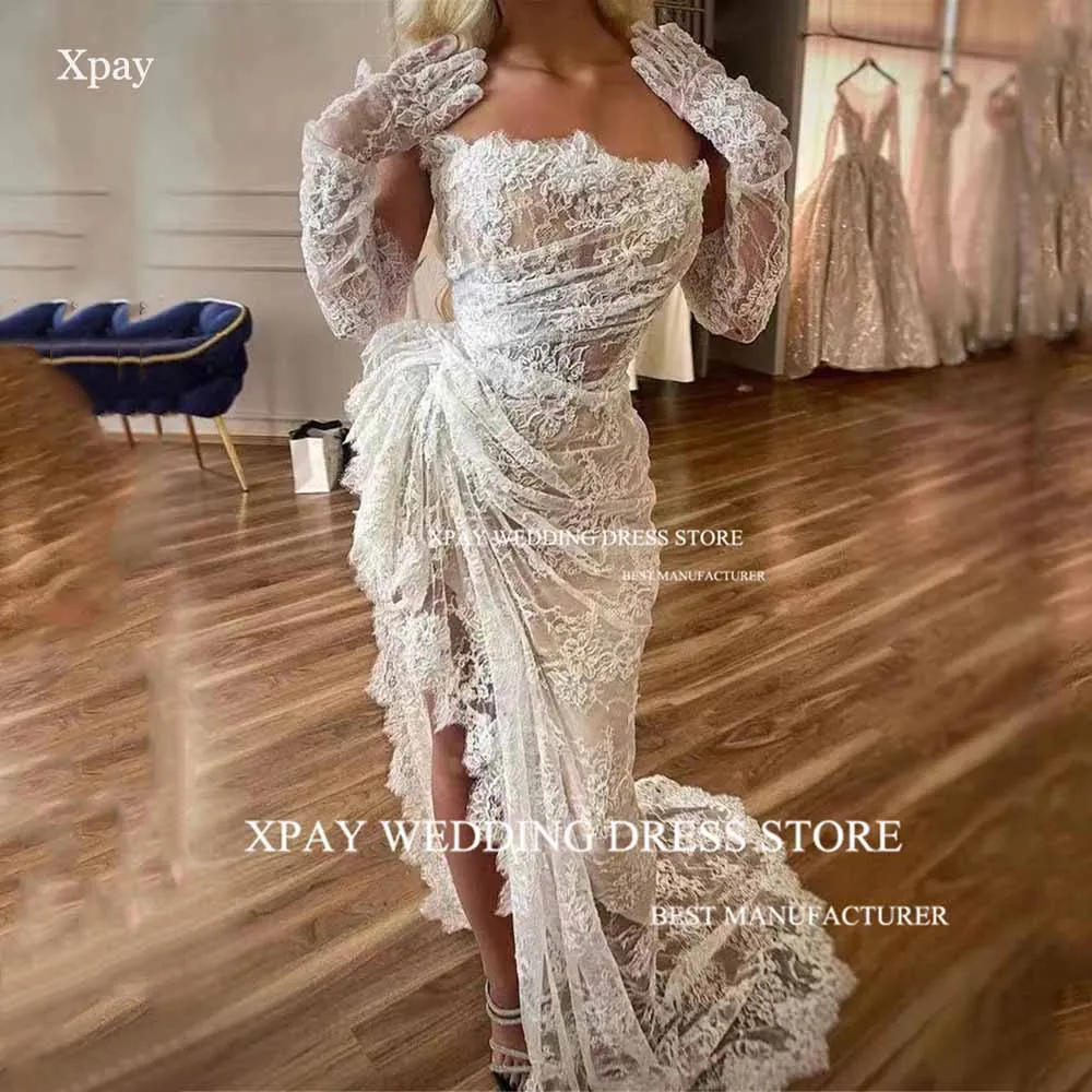 

XPAY Boat Neck Strapless Lace Mermaid Wedding Dresses Sexy Pleat High Side Slit Bridal Gown Long Lace Gloves Wedding Party Dress