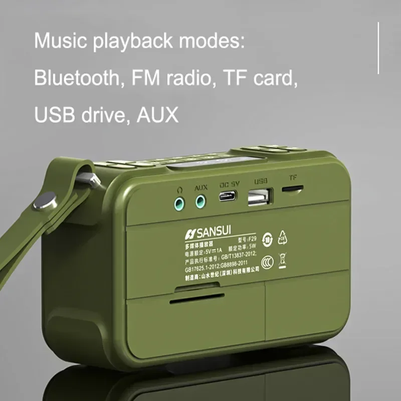 SANSUI F29 Portable Wireless Bluetooth Speakers FM Radio Outdoor HI-FI Subwoofer Supports Headphone Output USB Drive TF Card AUX