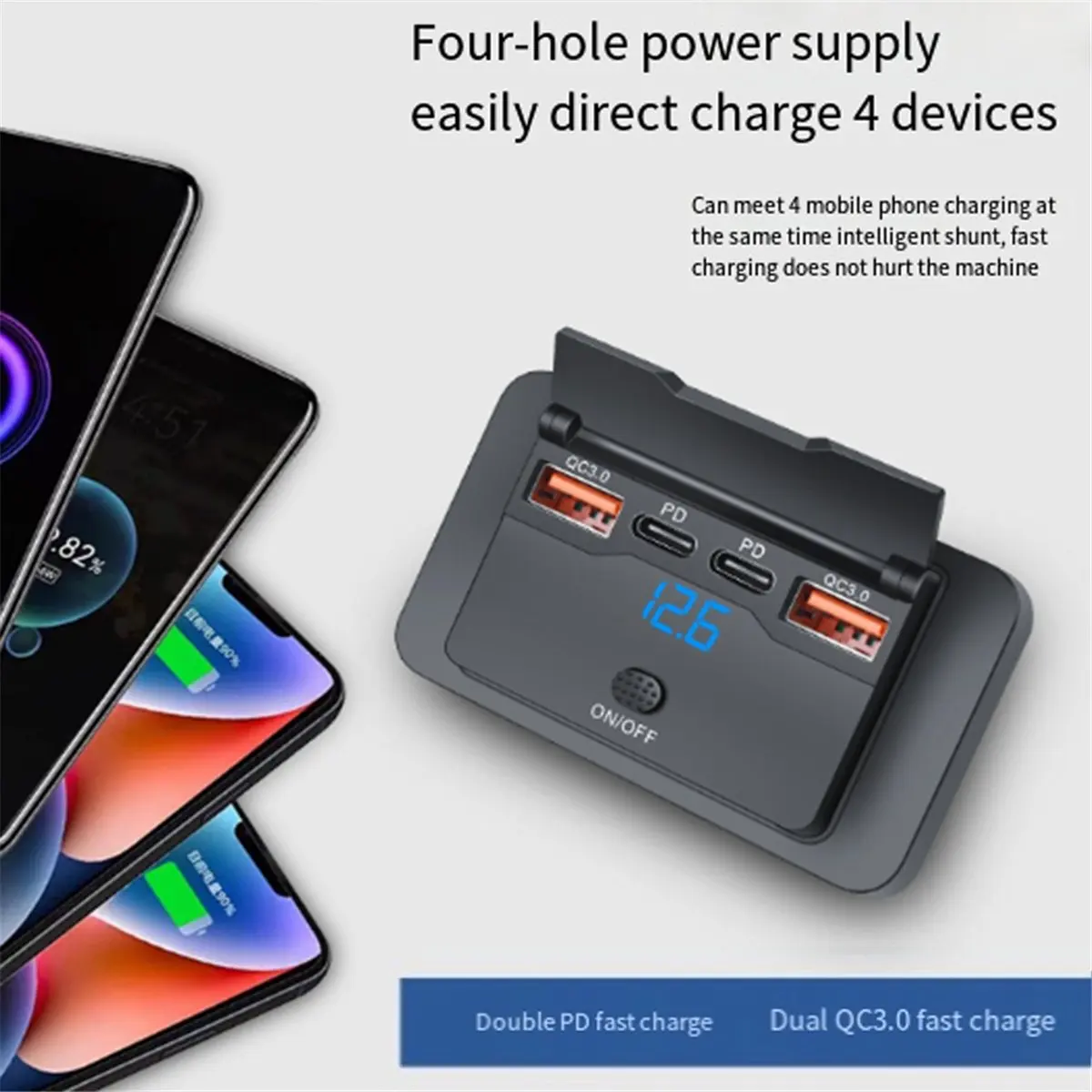 (A96Z) 4포트 12V 108W 듀얼 PD+듀얼 QC3.0 USB 충전기(디지털 전압계 스위치 소켓 전원 콘센트 패널 어댑터 포함)