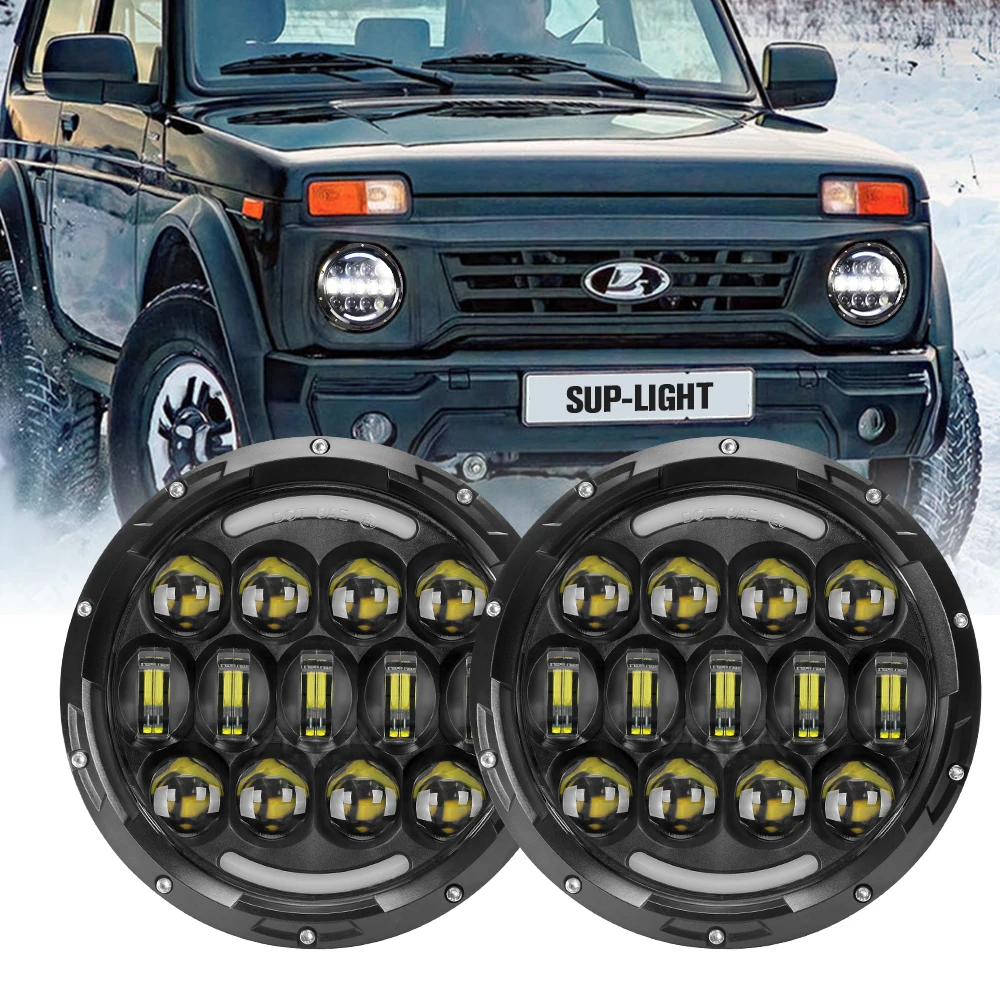 Universal Car Light 105w 7 Inch H4 Led Headlight With White Drl Amber