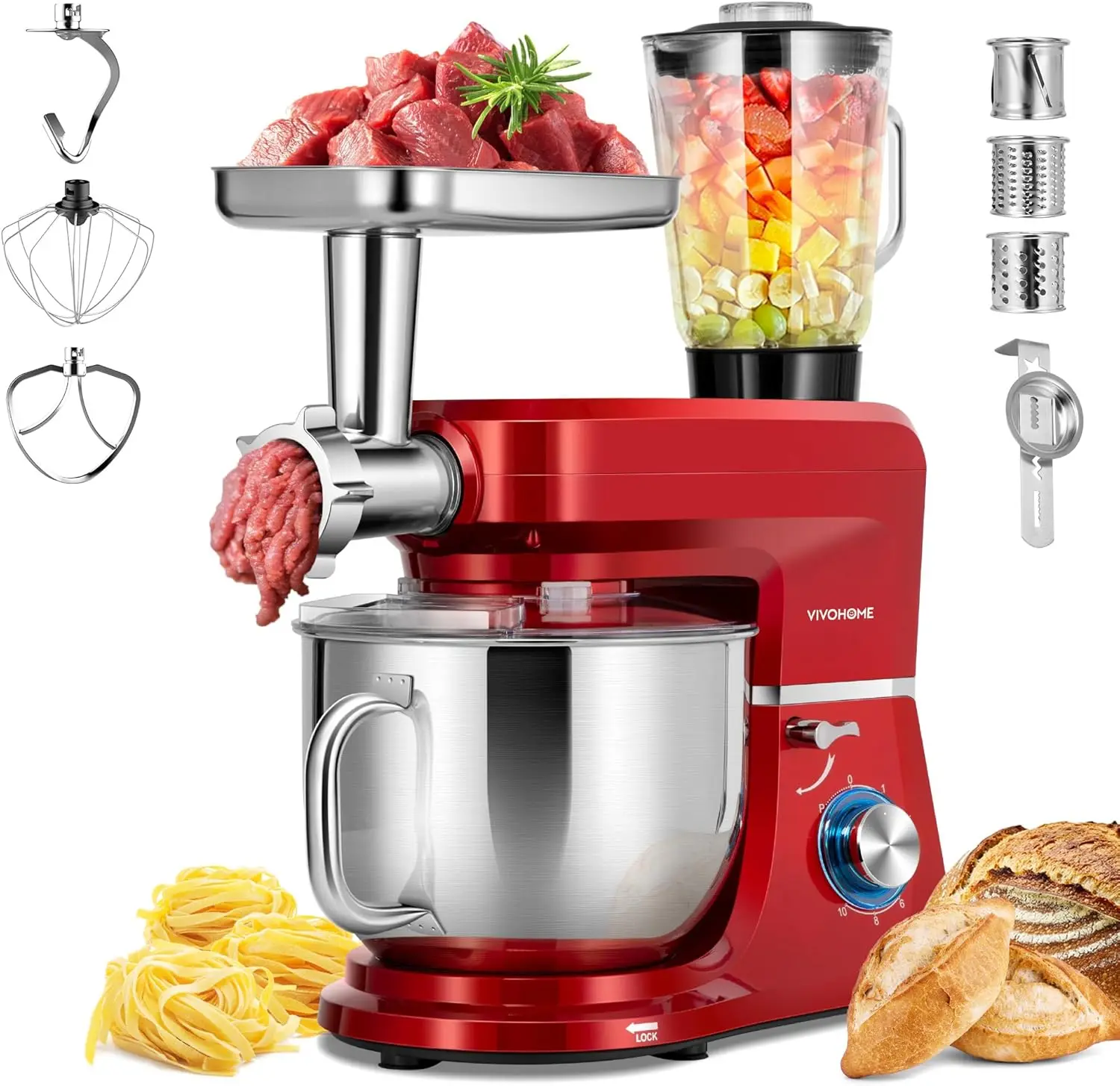 Electric stand mixer with multiple attachments