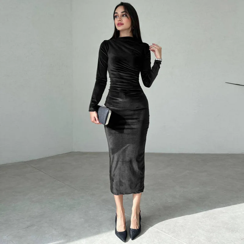 Fashion Autumn and Winter New Women's Long-sleeved Semi-turtleneck Slim Dress Elegant Velvet Women's Solid Color Casual Skirt