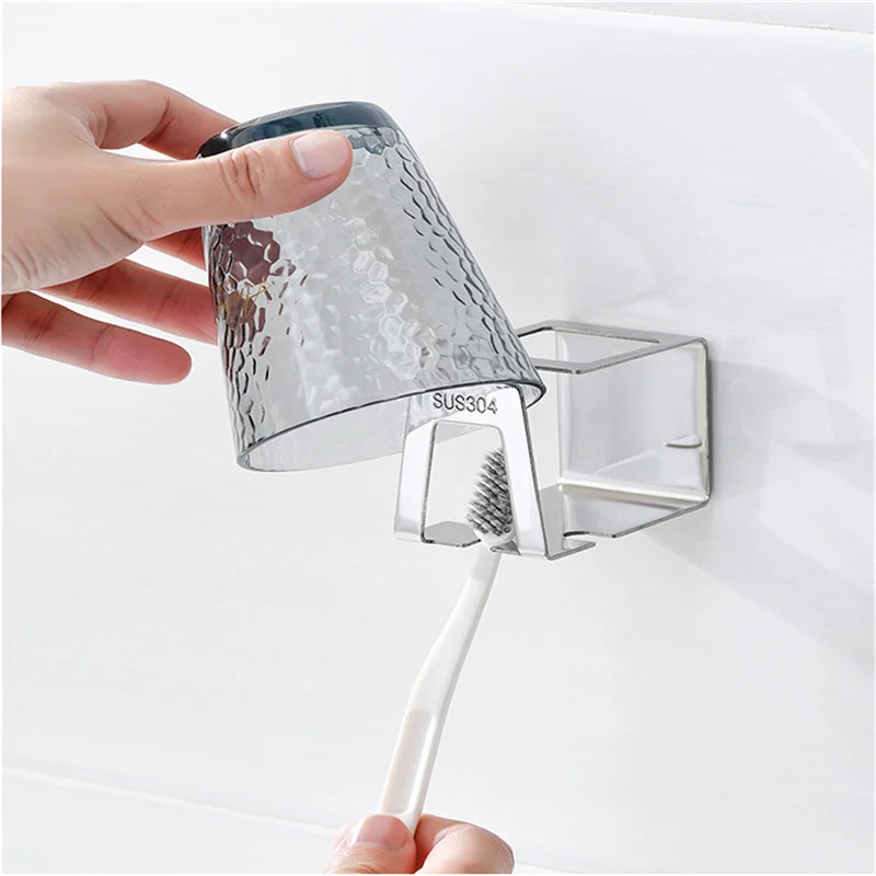 Self-adhesive Wall Mount Stainless Steel Toothbrush Holder Punch-free Toothpaste Organizer Mouthwash Cup Stand Bathroom Tools