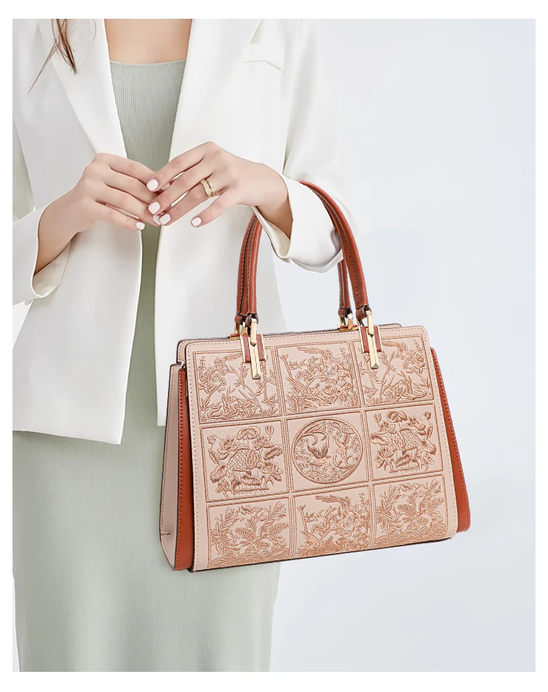 Neue beige bestickte Handtasche aus Rindsleder für Damen mit Blumen- und Vogelmuster, abnehmbarer Schulterriemen, tägliche Büro-Umhängetasche – Detail 2