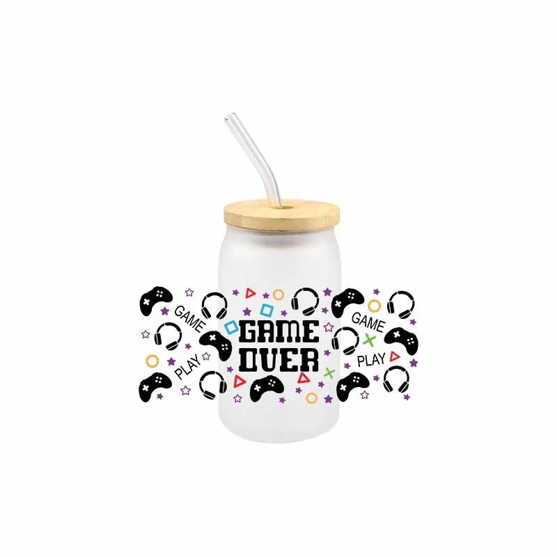 3D UV DTF Gamer Life Tarnsfer Sticker Wraps Cup 16 OZ Glass Cup High Quality Waterproof Sacrch Decals