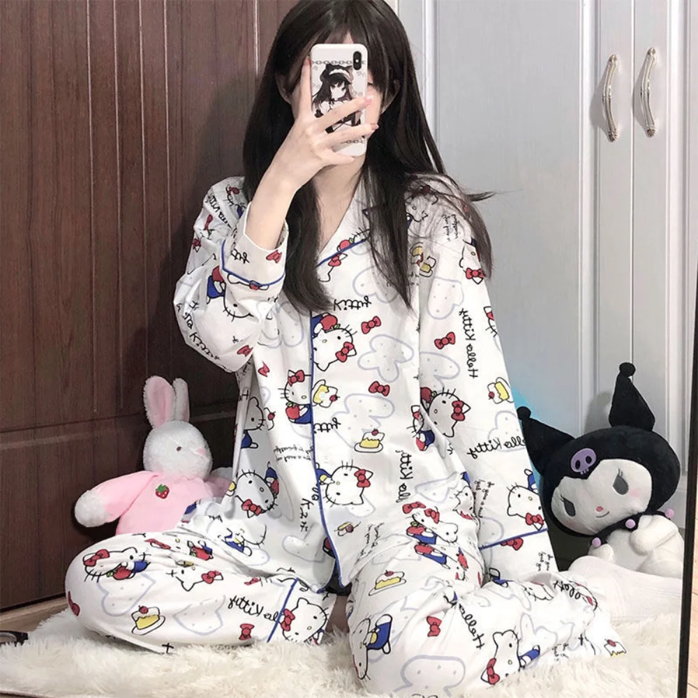 

Kawaii Sanrio 2 Pieces Pajama Set Hello Kitty Anime Homewear Women Spring Autumn Long-Sleeve Cardigan Pijama Suit Home Clothing