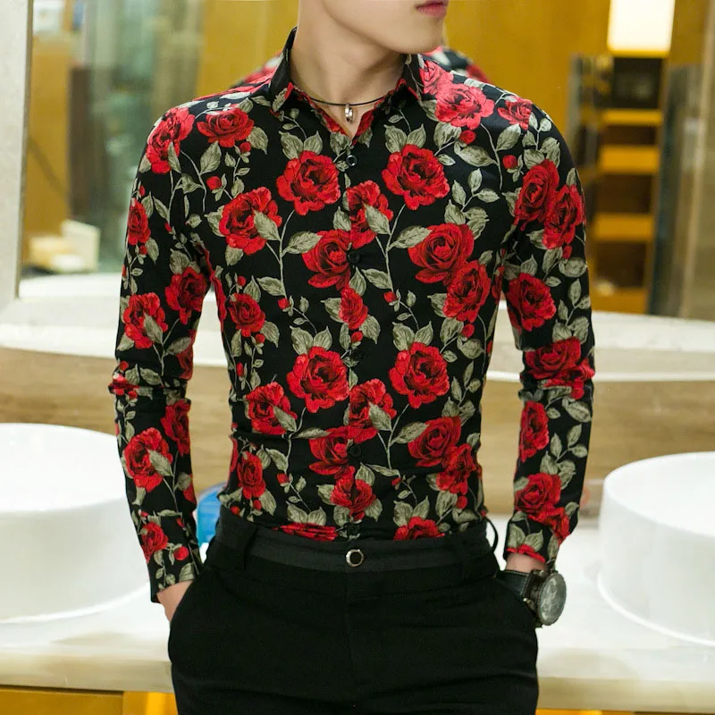 

Luxury Rose Print 2024 Shirts Men Clothing Fashion Lapel Collar Slim Tops T-shirt Spring Man Button Long Sleeve Cardigan Polos