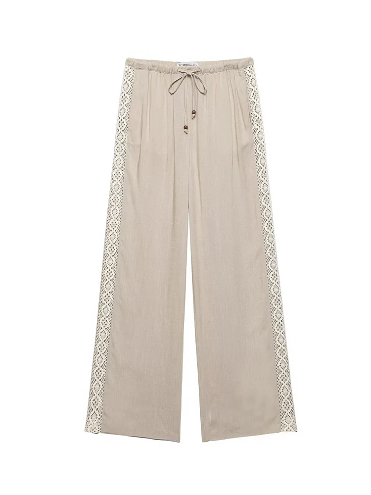 TFMLN New Women Summer Pant Sets Chic Hollow Embroidery Splice Decoration Lapel Blouses Top Solid High Waist Casual Trousers