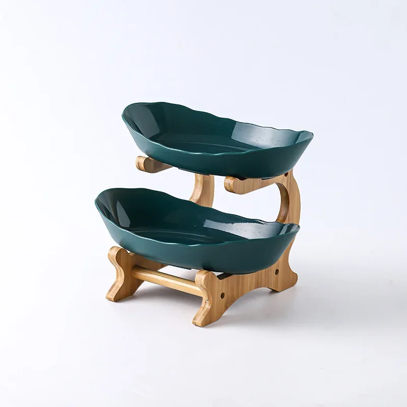 Three-Tier Wooden Tabletop Fruit and Snack Stand with Partitioned Plates