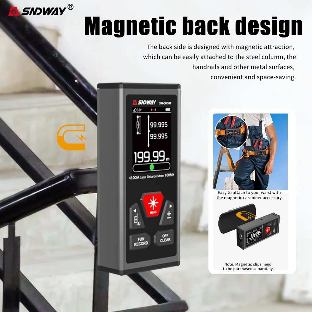 SNDWAY Dual Laser Rangefinder 60M 100M Bilateral Laser Distance Meter Electronic Angle Rechargeable Magnetism M/in/Ft laser distance meter