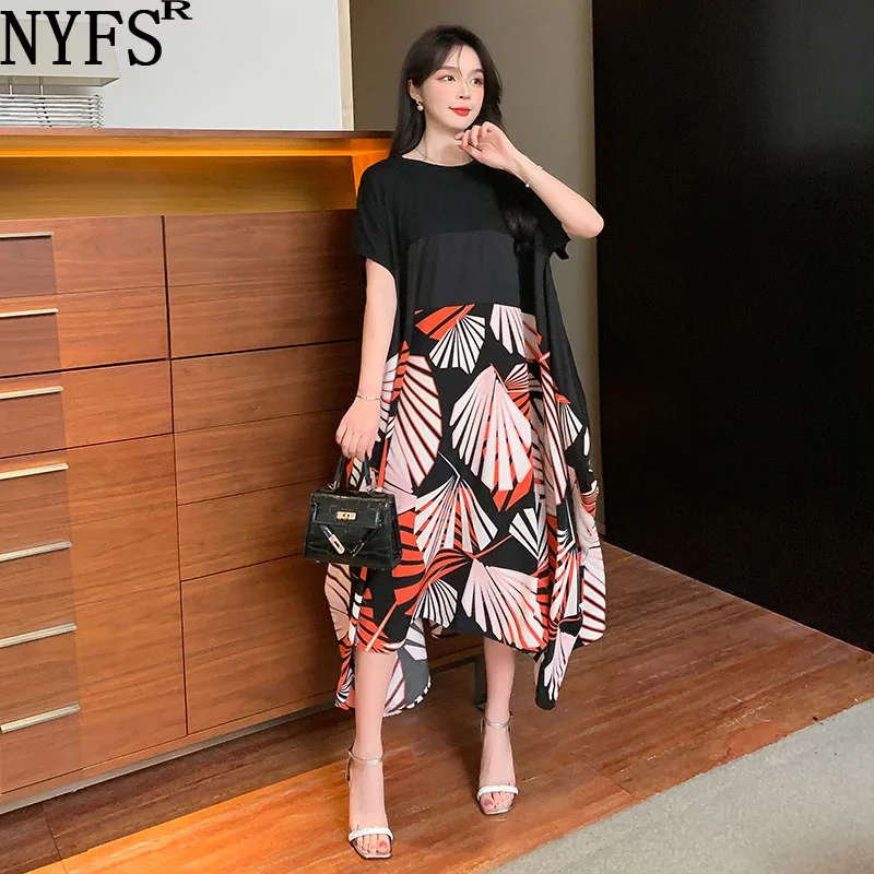

NYFS 2022 Summer New Korea Woman Dress Vestidos Robe Elbise Cotton Fashion Plus Size Patchwork Print Holiday style Long Dresses