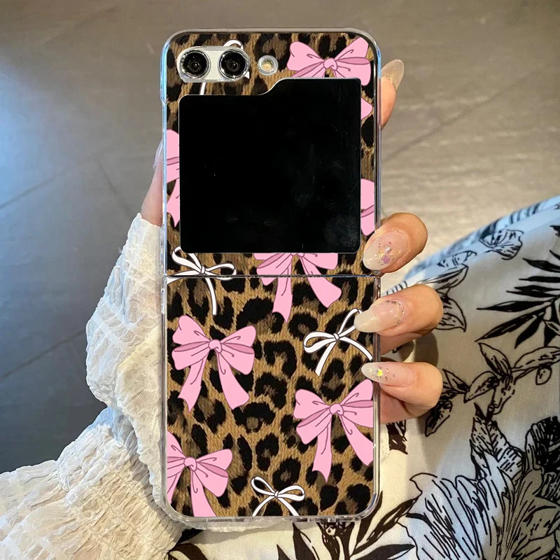 Leopard Print Phone Case with Red Cherry Bow Accents - Stylish Folding Hard Clear Cover