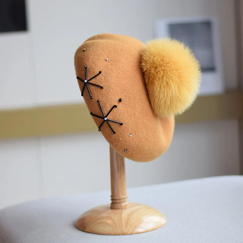 

Luxury Women Beret Hat with Real Fox Fur Pom Pom Flower Wool Artist Caps Casual Outdoor Keep Warm Painter Hats Gorras