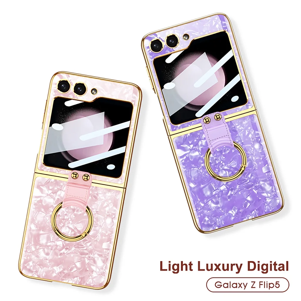 Plating Marble Patterned Tempered Glass Cover For Galaxy Z Flip5 Flip4 Flip3 5G Case Hard Shockproof Cover