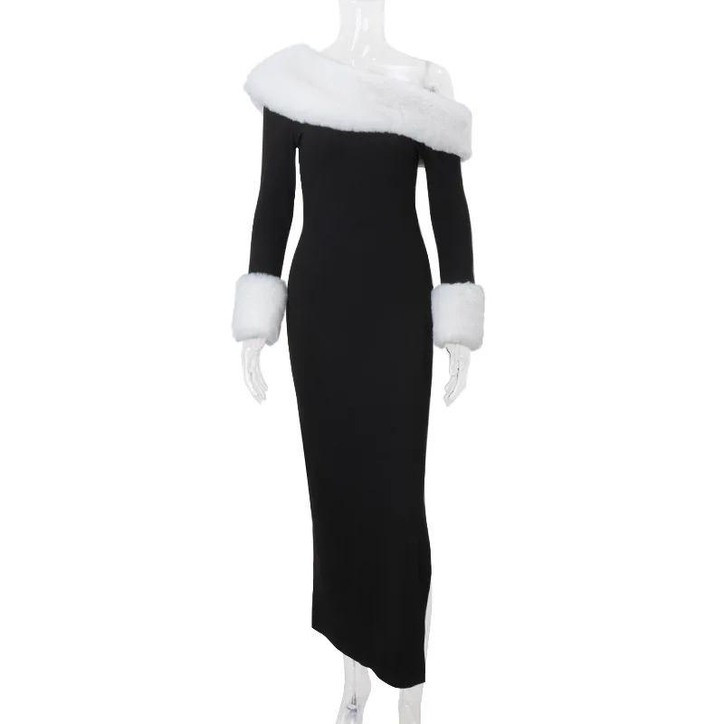 Vestido de manga larga con abertura y empalme de felpa para mujer, sexy, con cuello oblicuo, elegante, para fiesta de invierno.