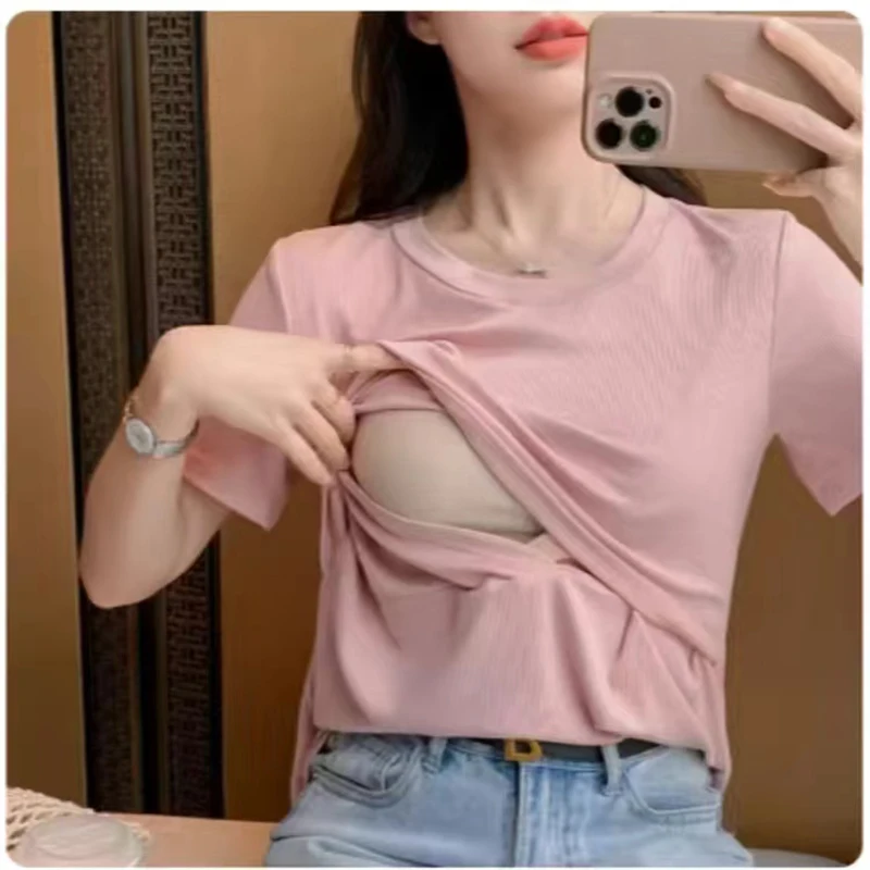 Summer Maternity Tops Cotton Breastfeeding Nursing Top