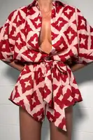 2024 New Autumn Women Loose casual Print Strap Jumpsuit Red Print Bow Tie Turndown Collar Loose Bodysuit Sexy Outfits Streetwear - Image 5