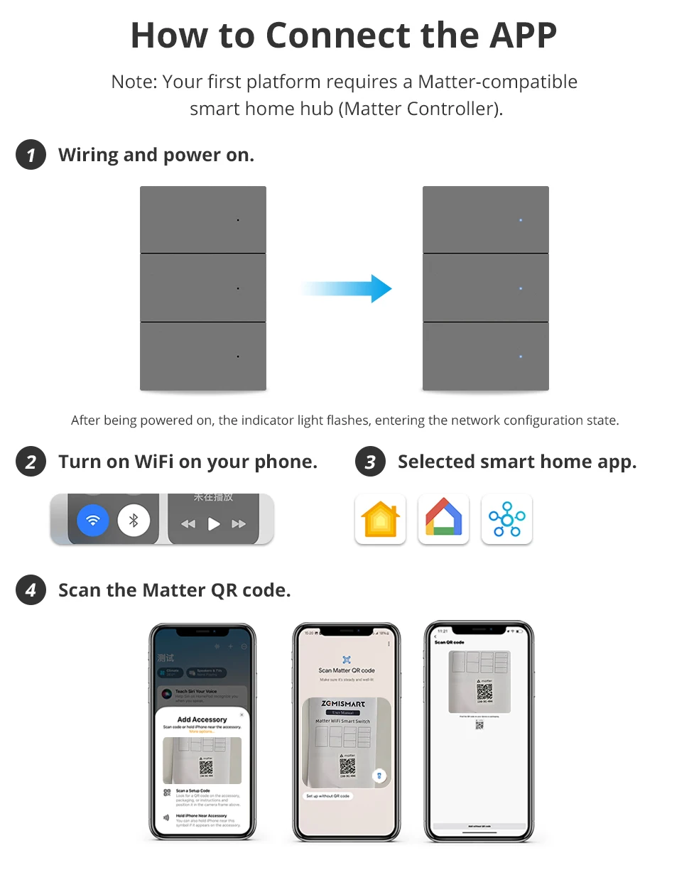 Matter WiFi Smart Wall Light Switch 1 2 3 4 Gangs with Aluminum Alloy Panel Work