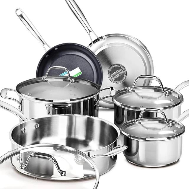 Cookware Set with Premium Non-Stick Coating Dishwasher Safe Pots and Pans  Tempered Glass Steam Vented Lids Stainless Steel - AliExpress