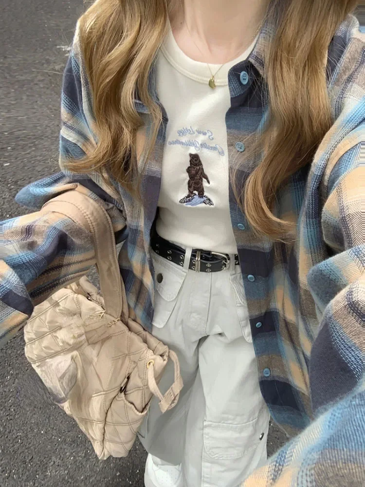 

2023 Spring Autumn Fashion Plaid Women Blouse Y2k Aesthetic New Oversized Casual Blusas Harajuku Single Breasted All Match Shirt