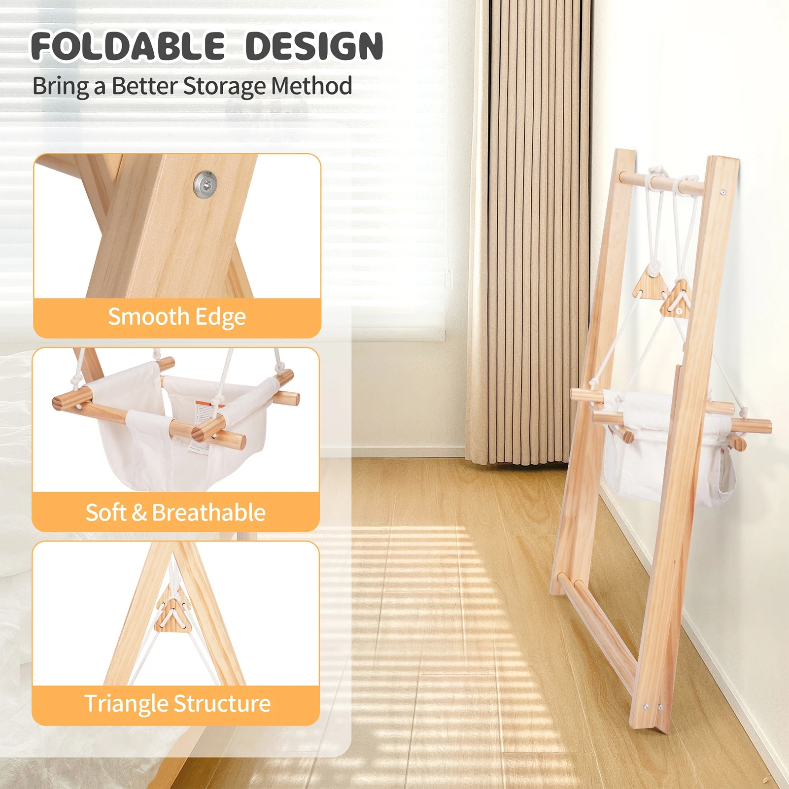 Foldable Wooden Baby Swing with Canvas Seat