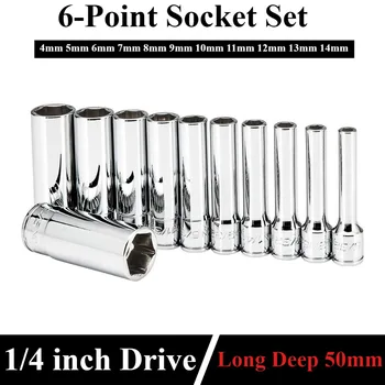 1/4 inch Drive Deep Socket Set 6-Point Metric Long Chrome Socket Set From 4mm to 14mm Professional Grade