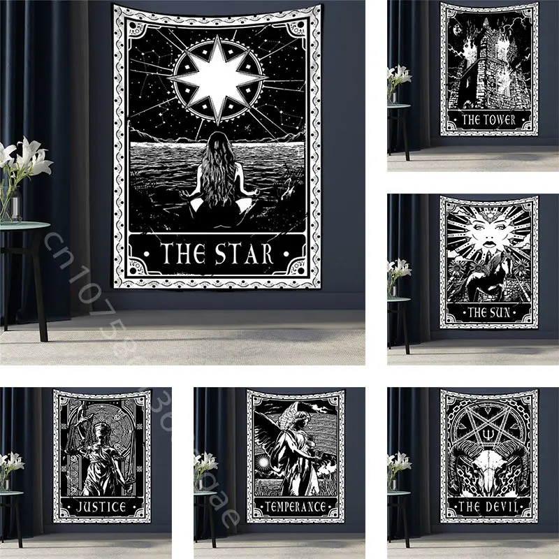 

Black Tapestry Living Room Wall Hanging Cloth Psychedelic Sun Tarot Card Astrology Divination Sofa Background Decor Tapestries