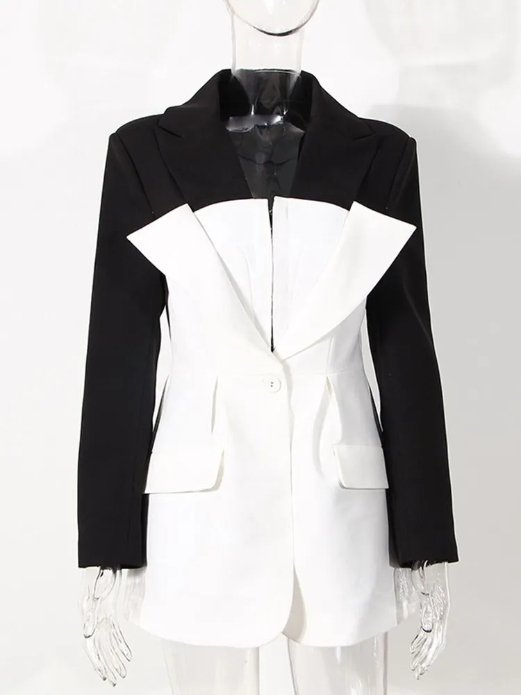 KBQ Hit Color Spliced Button Blazer For Women Notched Collar Long Sleeve Tunic Folds Casual Blazers Female Autumn Fashion New