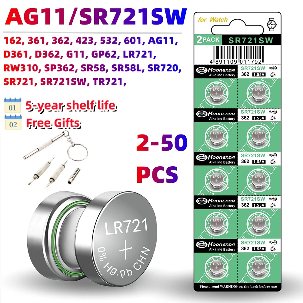 

High-Quality AG11 SR721SW 362 361 162 1.55V Button Coin Cell Watch Battery 0%Hg Mercury Free for Watch Toys Remote Batteries