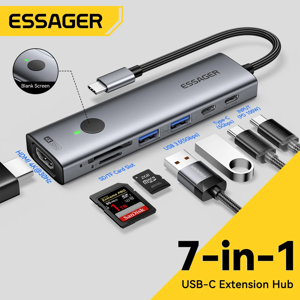 Essager USB C HUB 4K 7-in-1 Type C to HDMI PD 100W SD&TF USB 3.0 5Gbps Multiport Adapter for MacBook Laptop iPad Phone Splitter usb hub adapter,type c docking station,usb port adaptor,usb hub converter,cable converter,docking station,type c otg adapter