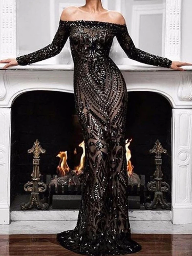 Party Dresses Women Sexy Long Slash Nack High Waist Wedding Sequin ...