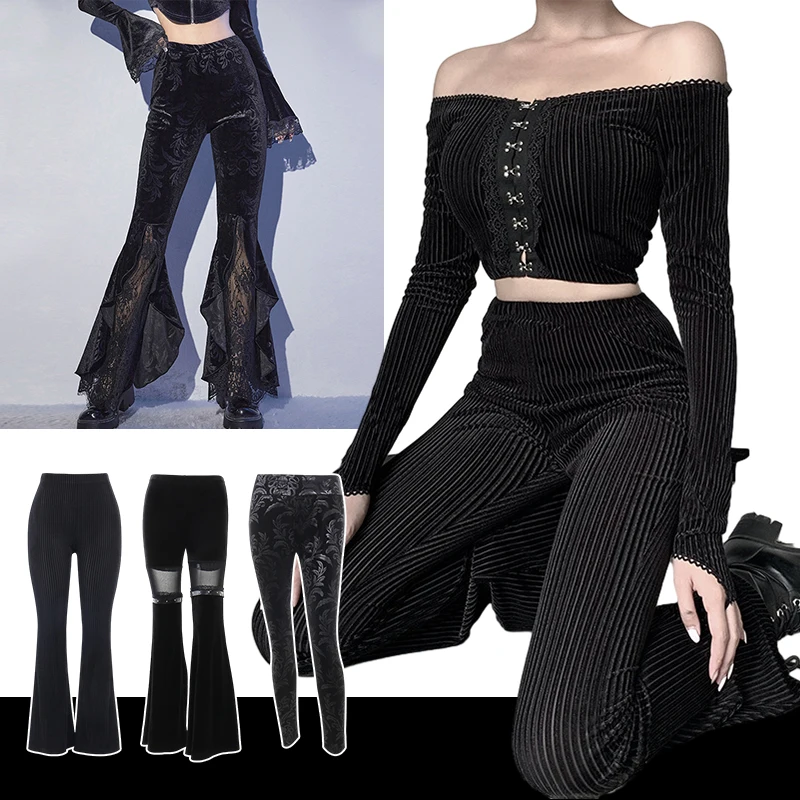 Women Gothic Velvet Darkness Pants Sexy High Waist   Elastic Print Streetwear Retro Skinny Flared Pants Punk Harajuku Trousers