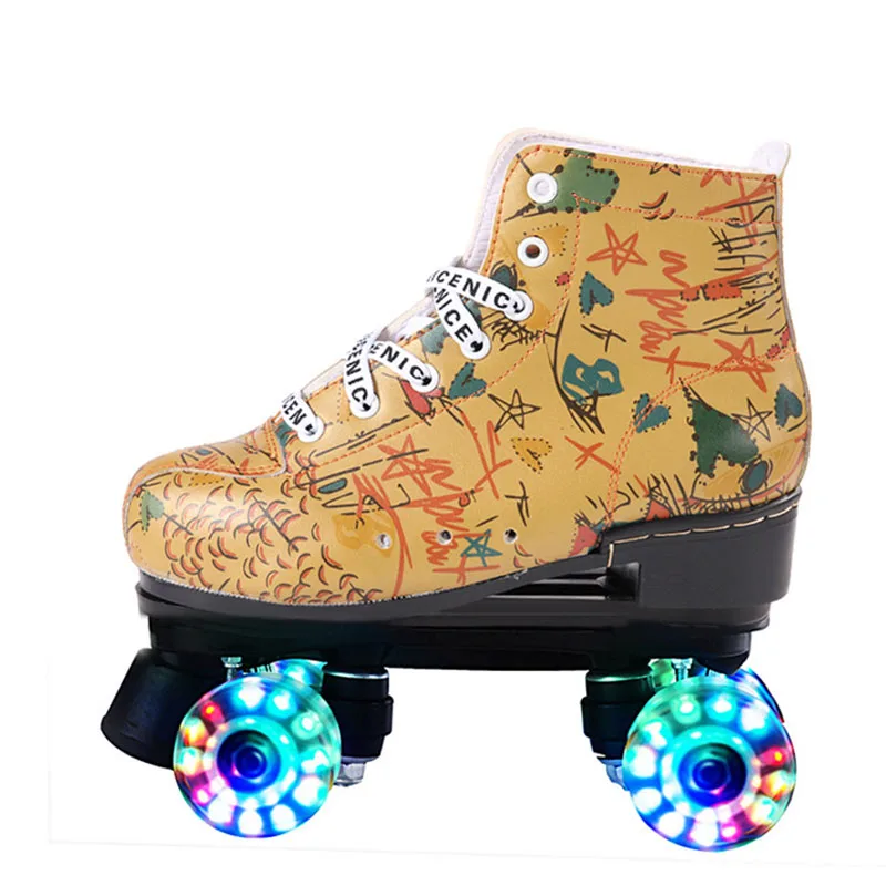 Microfiber Roller Skates Double Line Skates Children Boys Girls Two Line Skating Shoes with White PU 4 Wheels  Outdoor Training