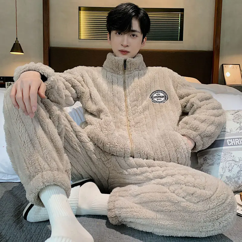 Luxury Brand Sleepwear Men Winter Warm Pajama Sets Zipper Long Sleeve Flannel Coral Fleece Thick Loungewear Loose Korean Pajamas