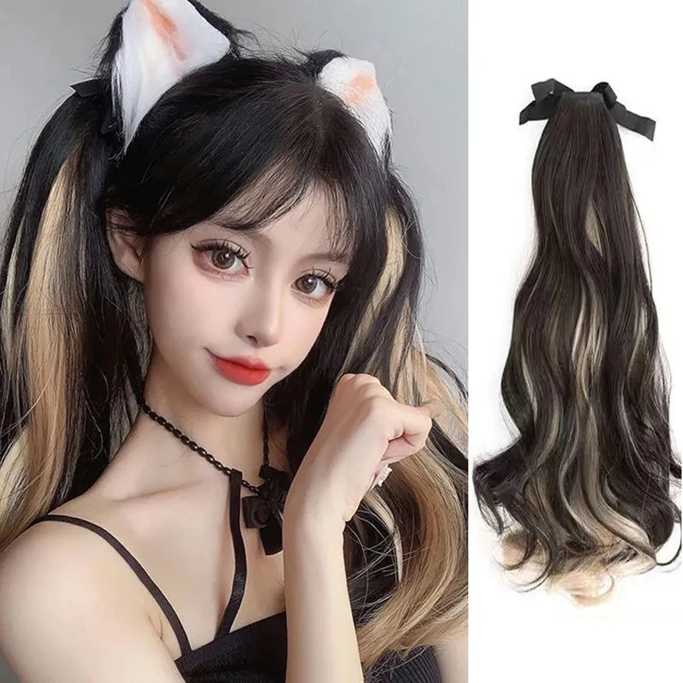 Wave Curly Synthetic Ponytail Hair Extensions Clip In Hairpieces Highlights Gold High Temperature Fiber Pony Tails For Women