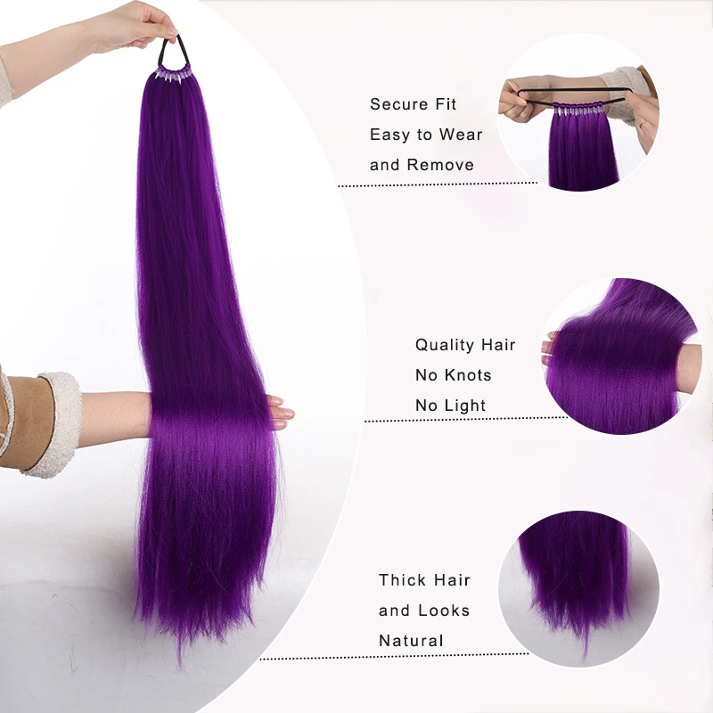22-Inch Multi-Functional Elastic Purple Tail Ladies Long Straight DIY Wrapped Tail Soft Natural Synthetic Hair Daily Use