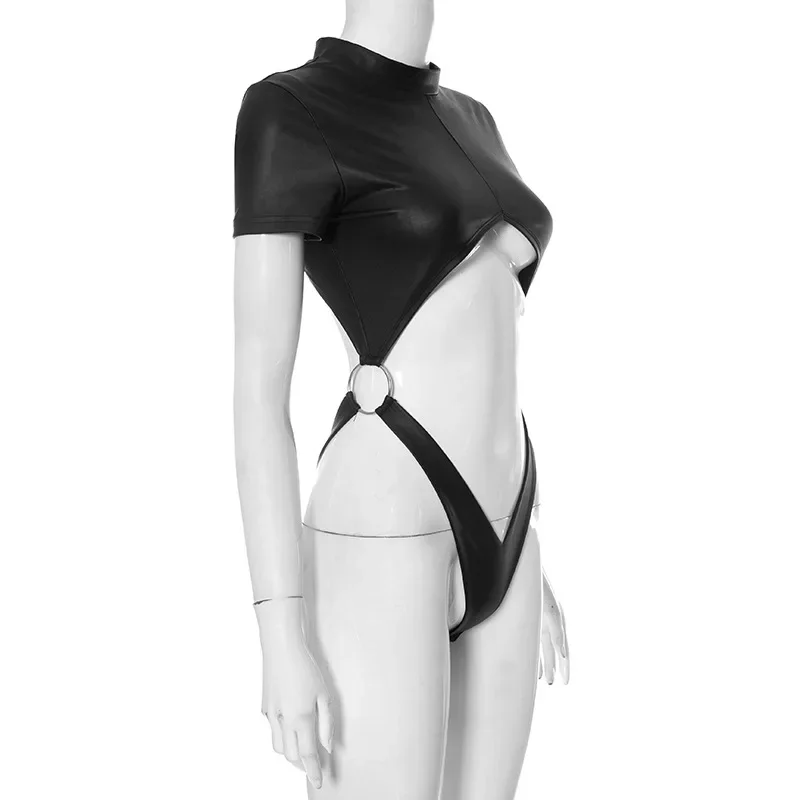 Body sexy de PU, lencería negra, top para mujer, atuendo rave, cuerpo femenino de manga corta, ahuecado, de una pieza, lencería sexy para mujer