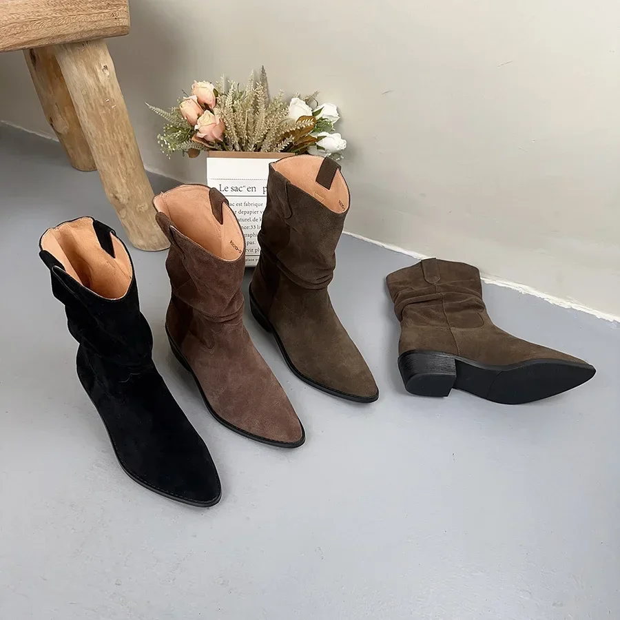 

Birkuir Pointed Toe Thick Heel Women Ankle Boots Handmade Slip On Short Boots Sewn Suede Leather Luxury Casual Boots For Ladies