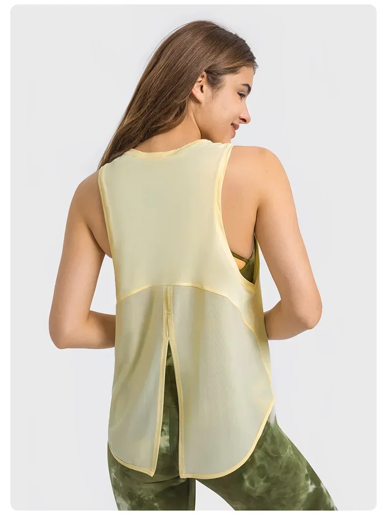 Women Solid Mesh Loose Sports Yoga Top Wear Open Back Sleeveless T Shirts Fitness Breathable Quick Drying Workout Gym Vest