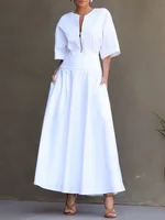Yeezzi Women's Cotton Zipper White A-line Dress 2025 New Half Sleeves Solid Color V-Neck Simple Office Commuter Maxi Dresses