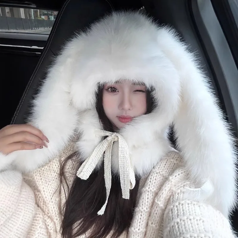 Bunny White Plush Rabbit Ear Hat Women Winter Cute Warm Balaclava Scarf Integrated Neck Protection Neck Cover Hat Beanies Gifts