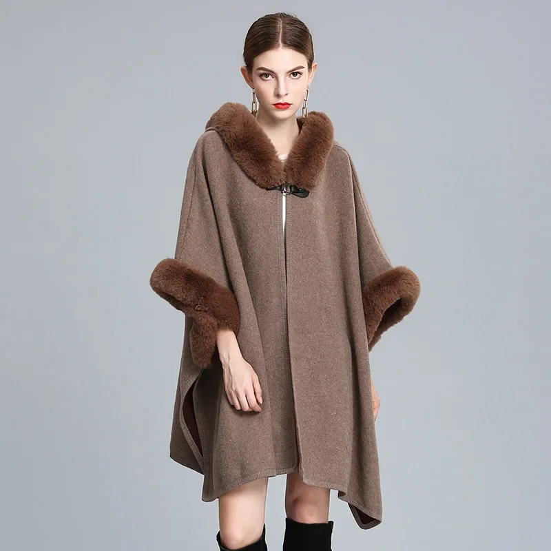 

Autumn Winter New Imitation Otter Rabbit Fur Collar Hooded Shawl Cape Imitation Wool Woolen Loose Ponchos Capes Coffee Cloak K