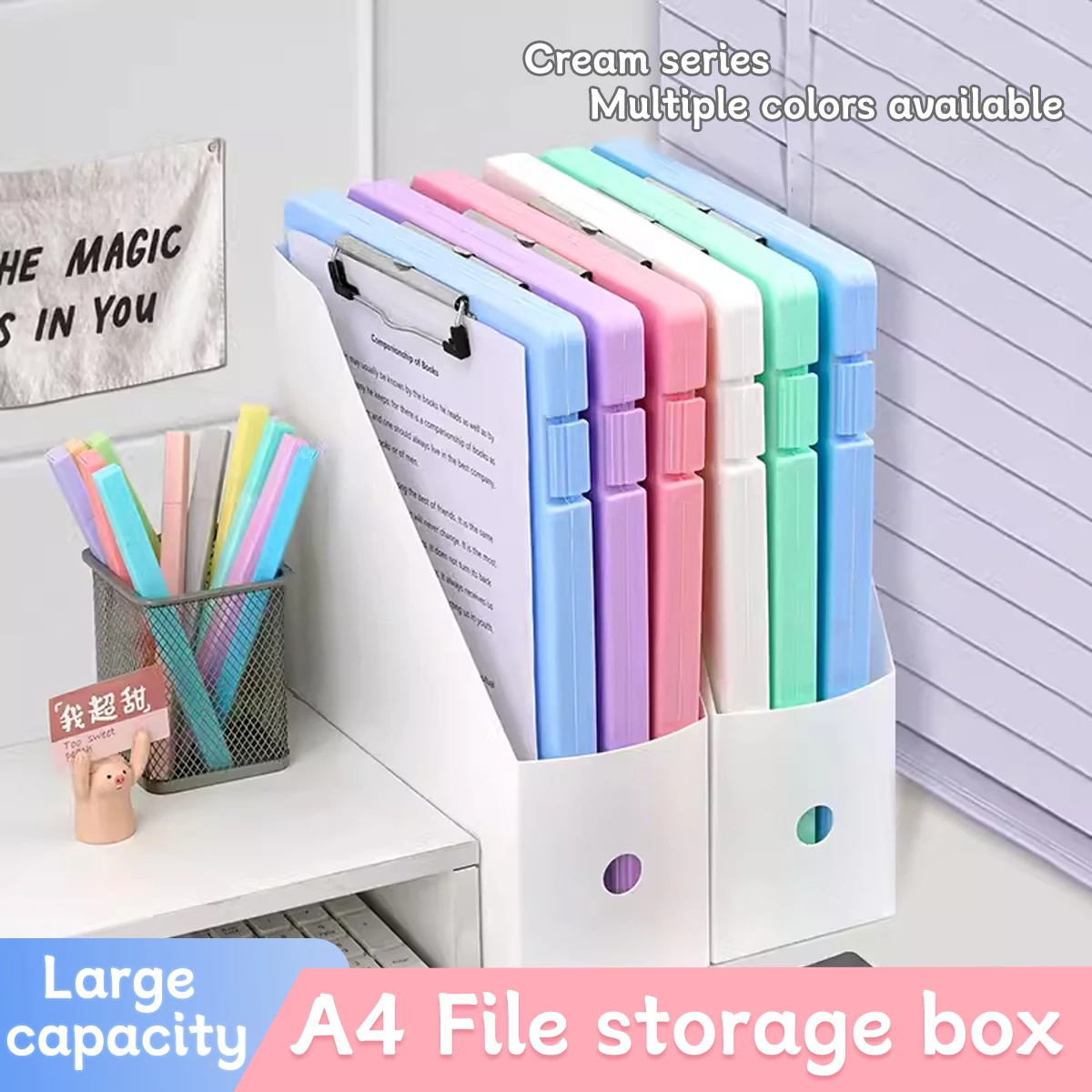 File Box A4 Data Box with Board Clip Study Office Universal Storage Test Paper Two in One PP Plastic Morandi Color Series