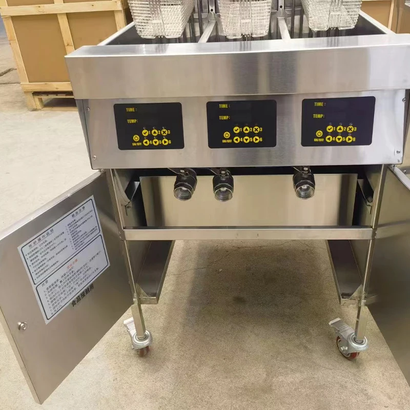CE Commercial Kitchen Equipment Automatic Lift Deep Fryer Large Capacity Heavy Duty 3-Tank Fryer With Oil Filtration System