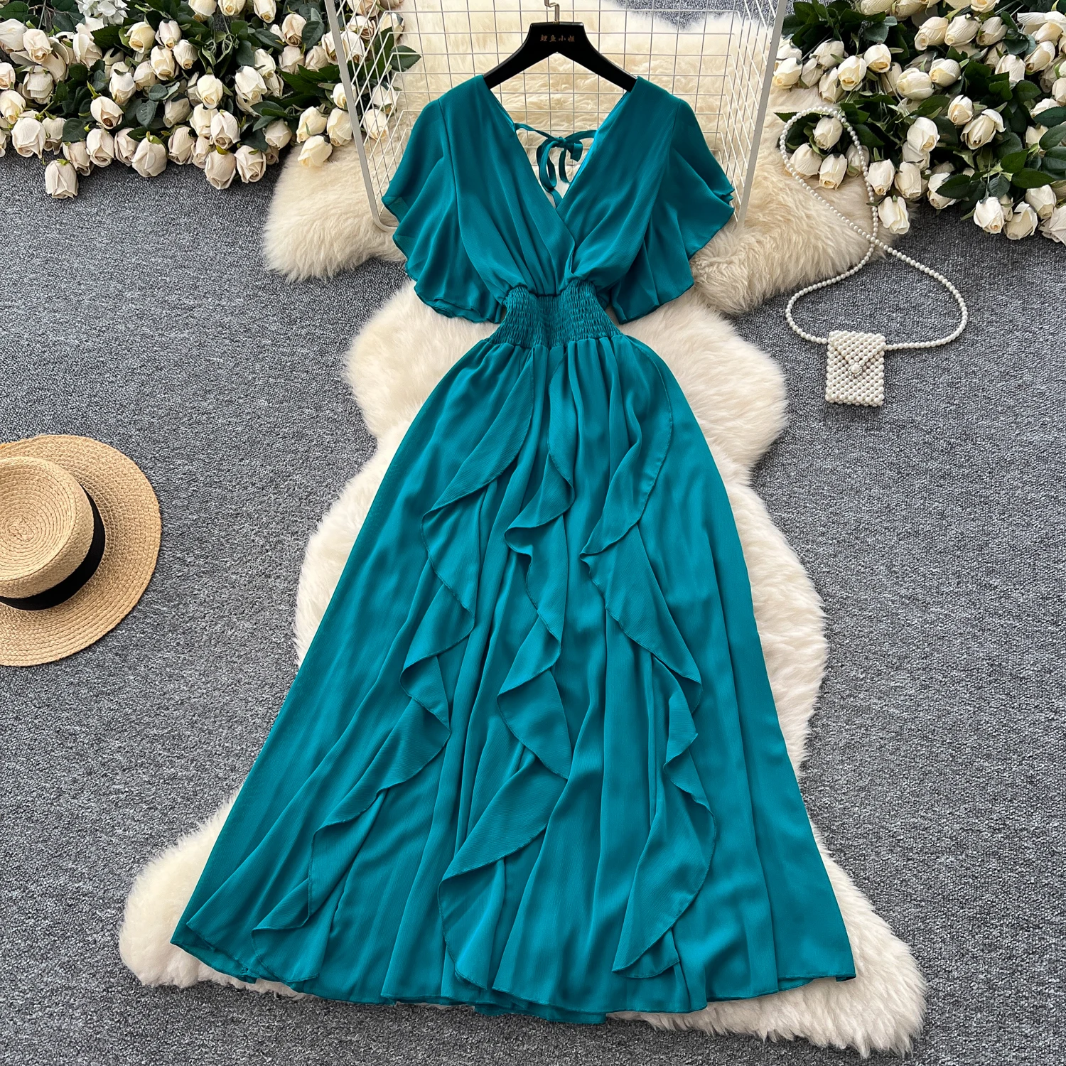 Elegant Criss-Cross chiffon short sleeve Vintage Chic Slim Ball Gown Dresses French Evening High Street Clothing
