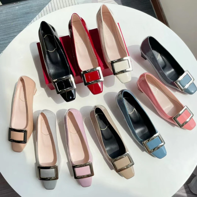 

European and American Square Buckle French High Heels Women's 2023 Autumn Square Toe Mid-heel Pumps Women's Shoes