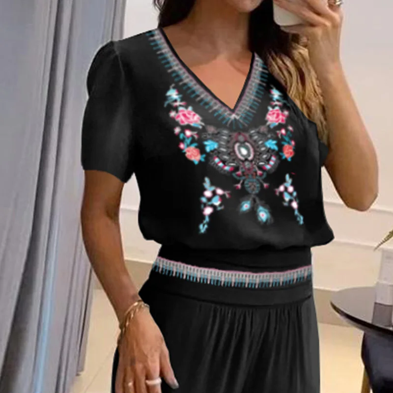 

Fashion Pattern Print Tops and Pants Set Women 2023 Elegant Long Sleeve Two Pieces Set Office Lady New Summer Vintage Loose Set