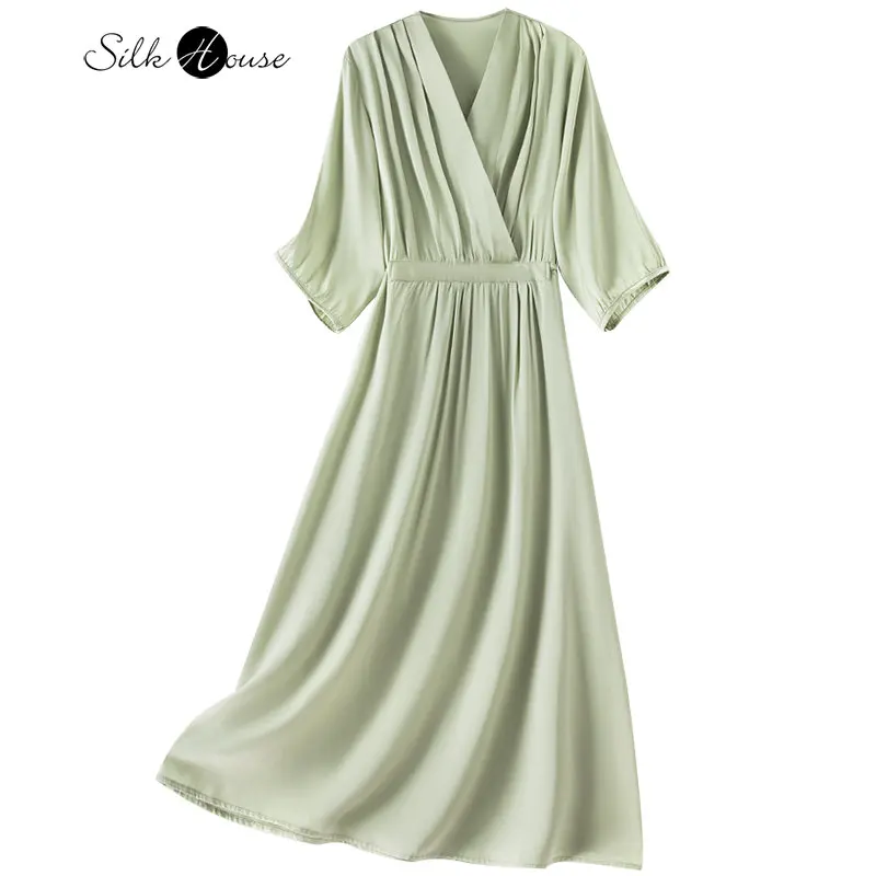 

2023 Fashionable Summer New French Silk V-neck Loose Waist A-line Silkworm Elegant Mid Length Women's Dress
